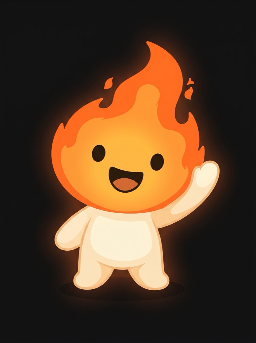 Emberley, the EmberChat mascot, a cheerful flame creature waving hello