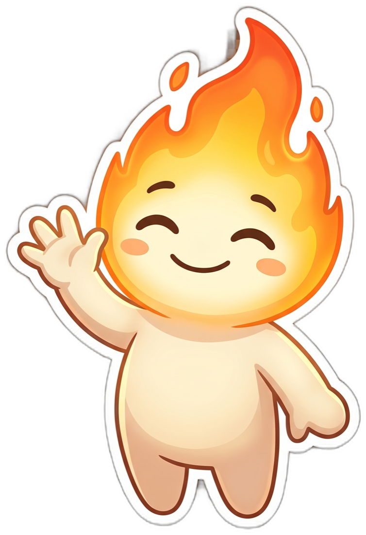 Emberley, the EmberChat mascot, a cheerful flame creature waving hello