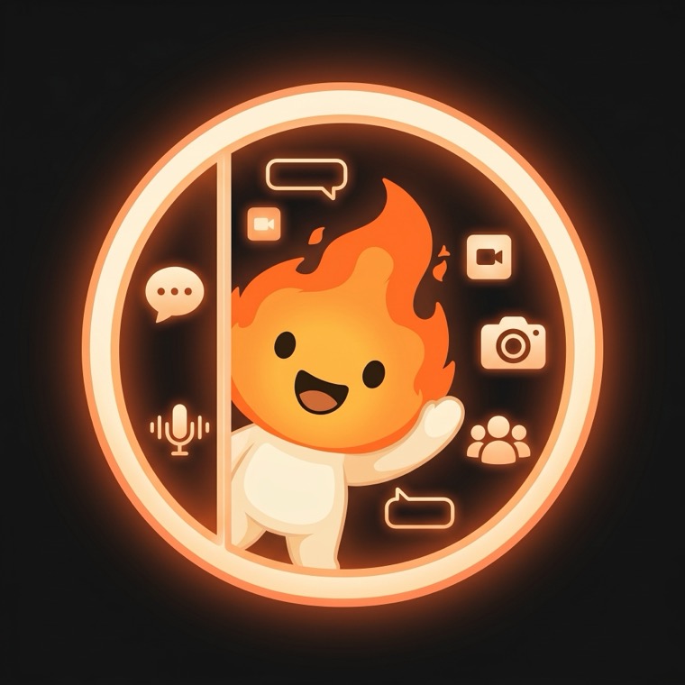 Emberley, the EmberChat mascot, hosting a lively room of friends